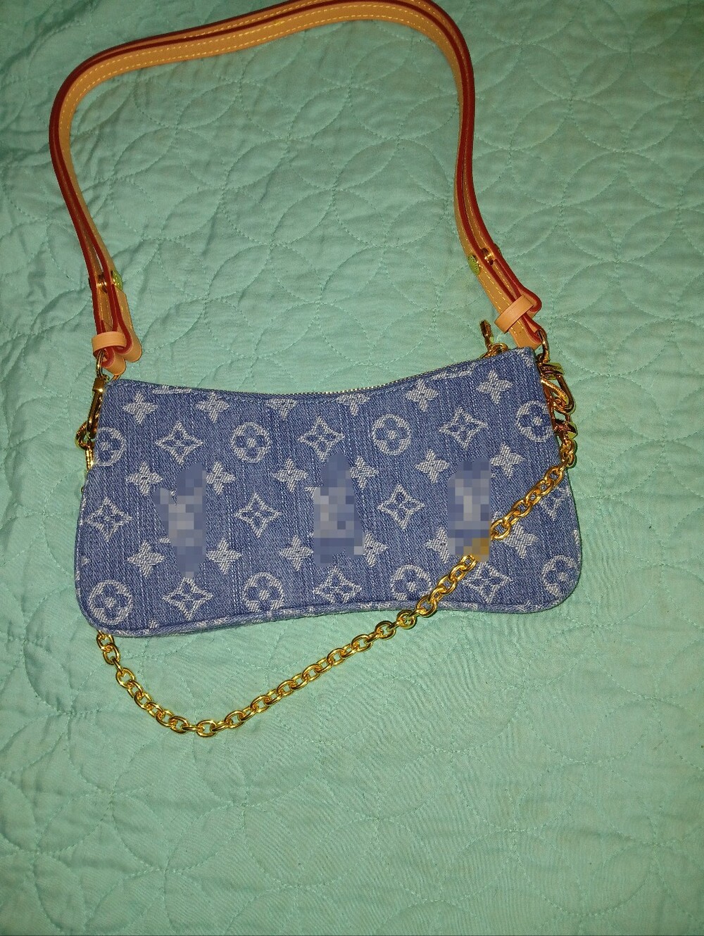 Denim Monogram Shoulder Bag with Gold Chain & Tan Strap
